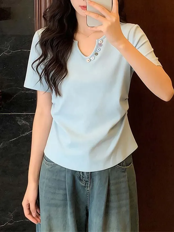 

Chic V-Neck Short Sleeve T-Shirt plus Size Summer Fashionable Breathable Korean Style Women's Top Young Looking Button