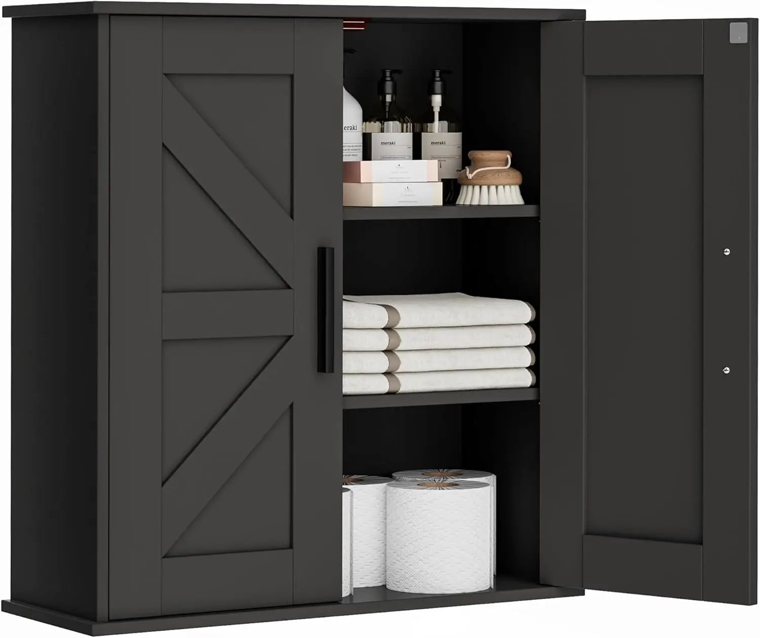 Wall-Mounted Bathroom Cabinet with Adjustable Shelves, Barn Doors, Black Finish for Kitchen Entryway Laundry Storage