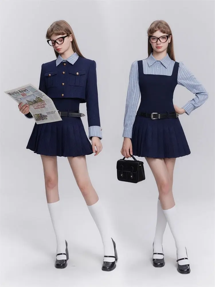 French Style Dress Set with Suit Collar Advanced Feeling Dark Blue Preppy Style Chic Dress Set Two-piece Urbane Woman Clothing