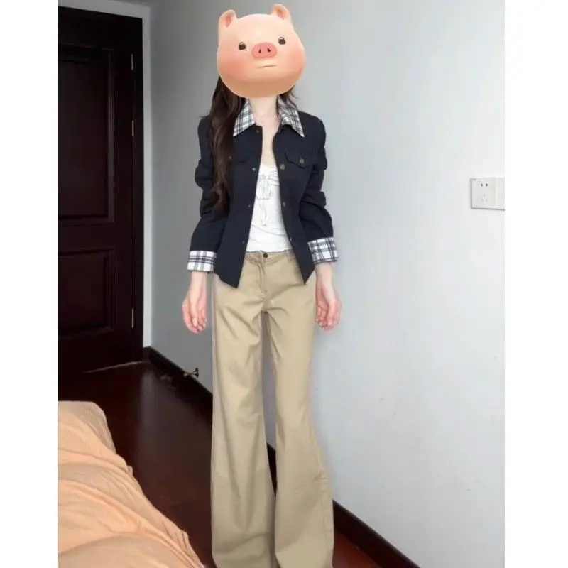 Khaki Low-rise Straight-leg Jeans for Women's Autumn Without Legs, Loose and Thin Flared Pants, Spice Girl Drape Trousers view 5