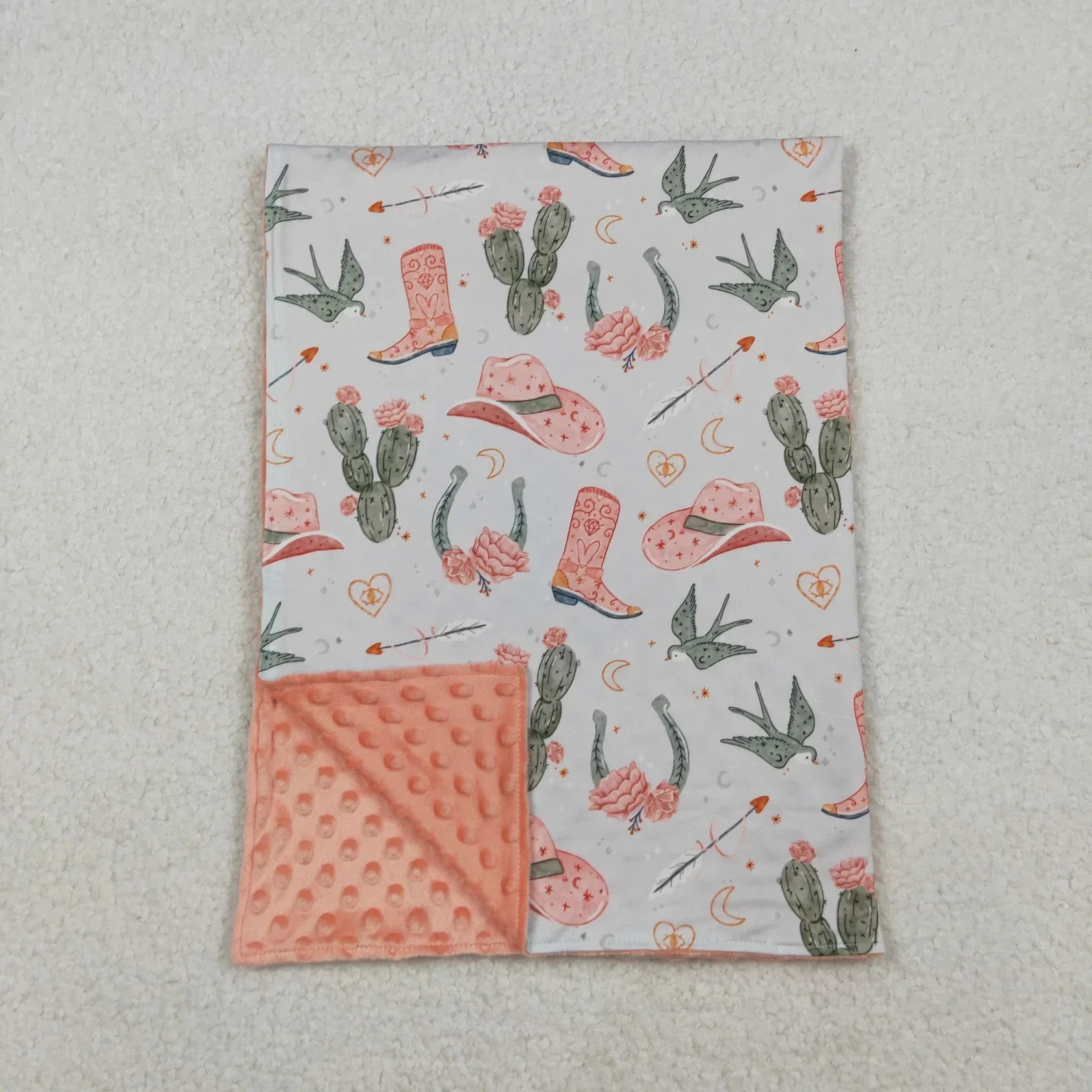 Venta al por mayor, colcha fina con corazones y flores de Cactus de vaca para niñas, ropa de cama para niñas, manta occidental de franela para niños pequeños