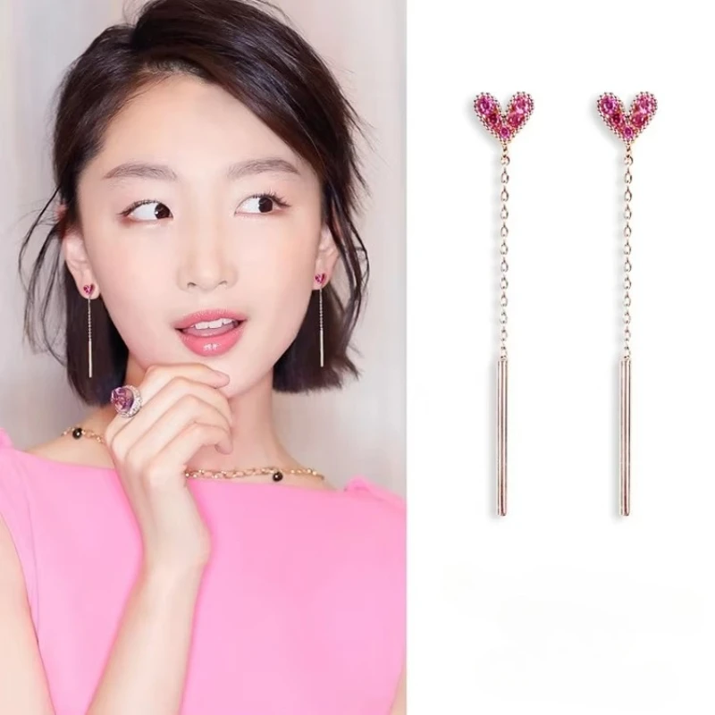 925 Sterling Silver Długie kolczyki w kształcie serca dla kobiet Trend Osobowość Lady Biżuteria