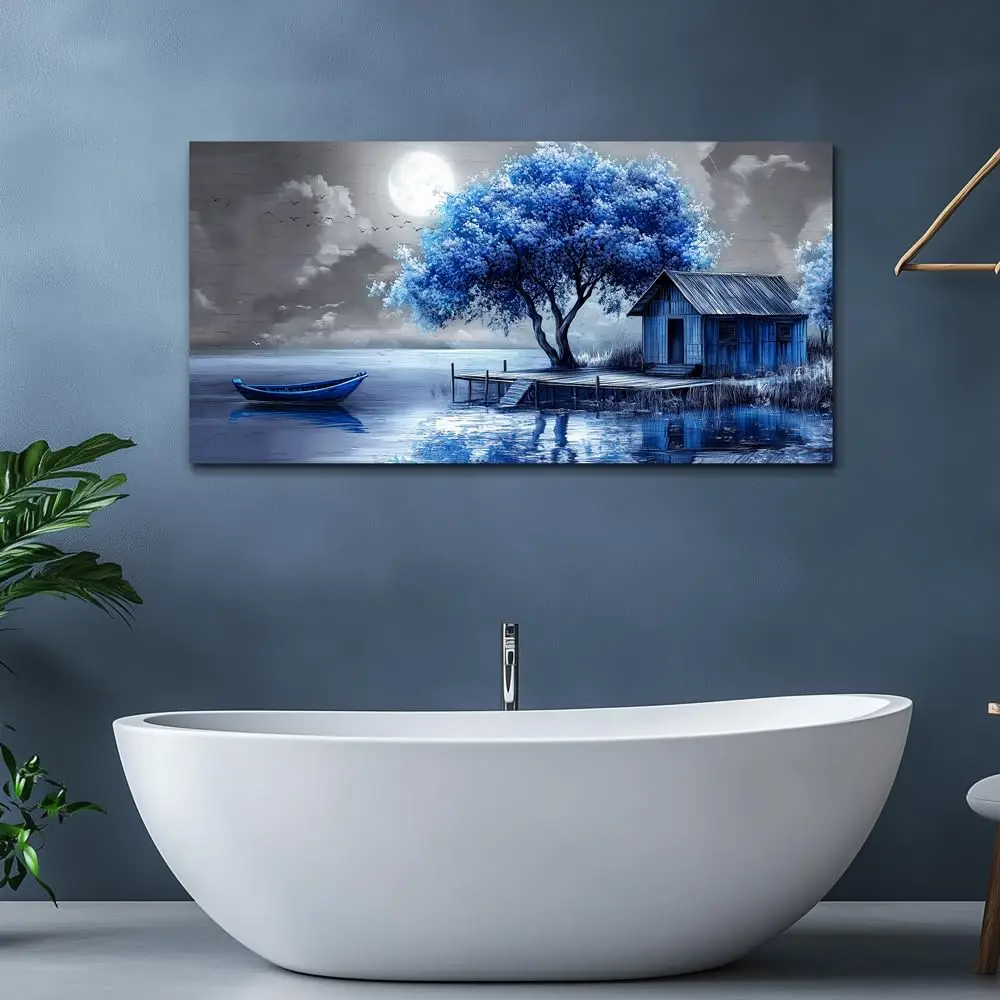 Modern Moon Bird Blue Tree Landscape Poster and Prints, Canvas Painting, Wall Art for Living Room, Home Decor, No Frame