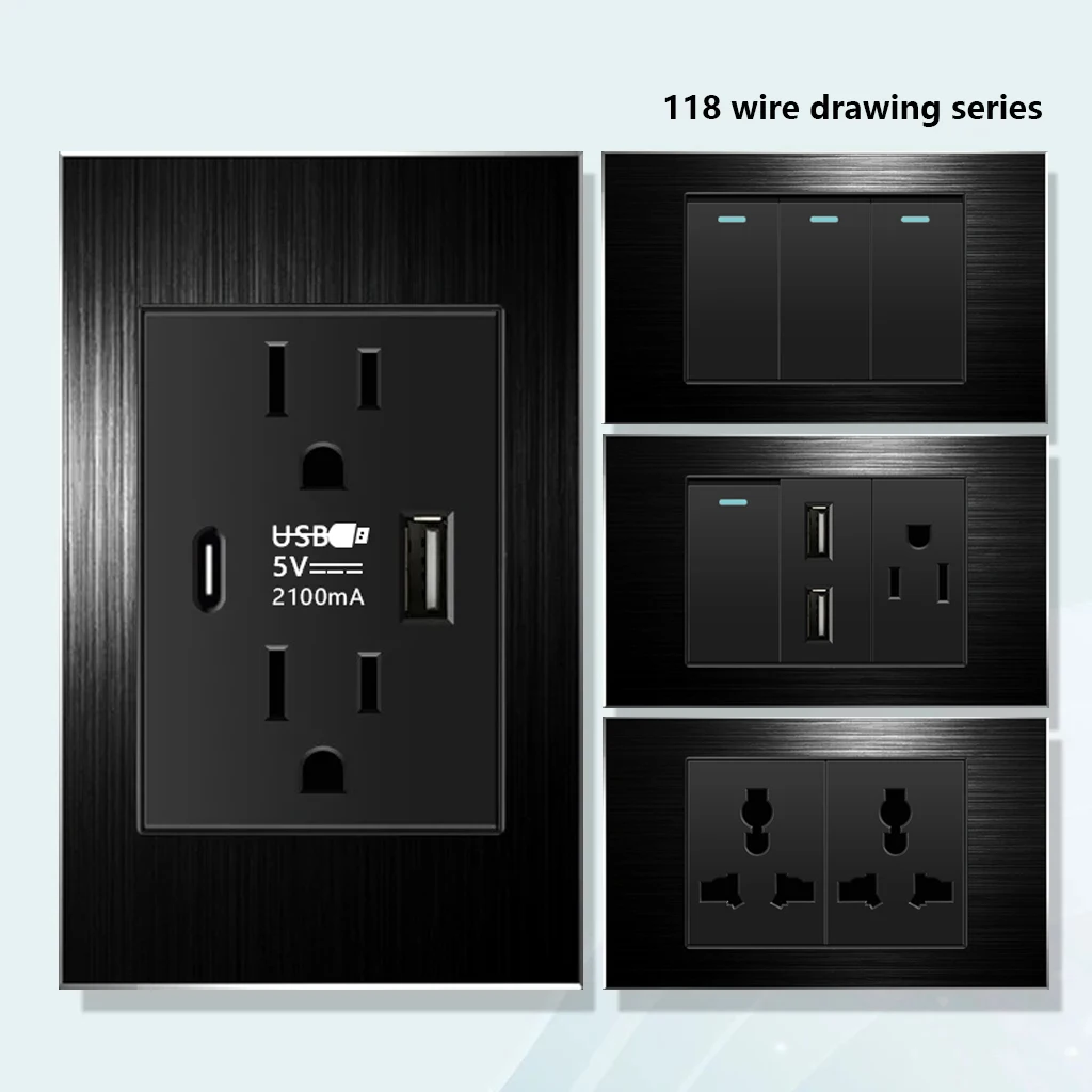 

American Black Wall Electrical Light Switch Panel,Mexico Dual USB Quick Charge Type C Socket Plug,US Household PC Power Outlet