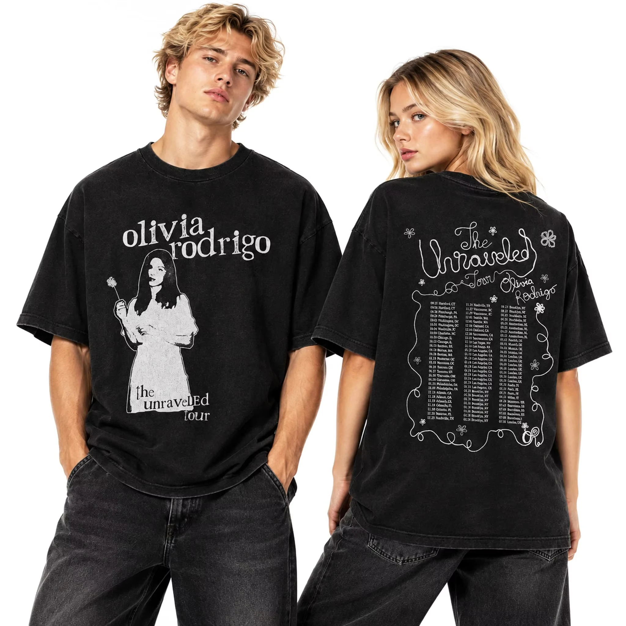 2026  Olivia Rodrigo The Unraveled Tour Merch T Shirt Retro Portrait Tour Dates Back Print Washed Black Oversized Tee Men Women