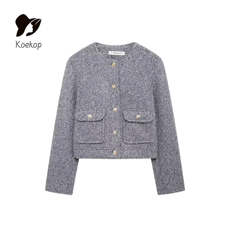 Koekop 2024 Women's Fashion Solid Color Beaded Leather Single Breasted Jacket Coat Vintage Casual Women's Chic Lady Jacket