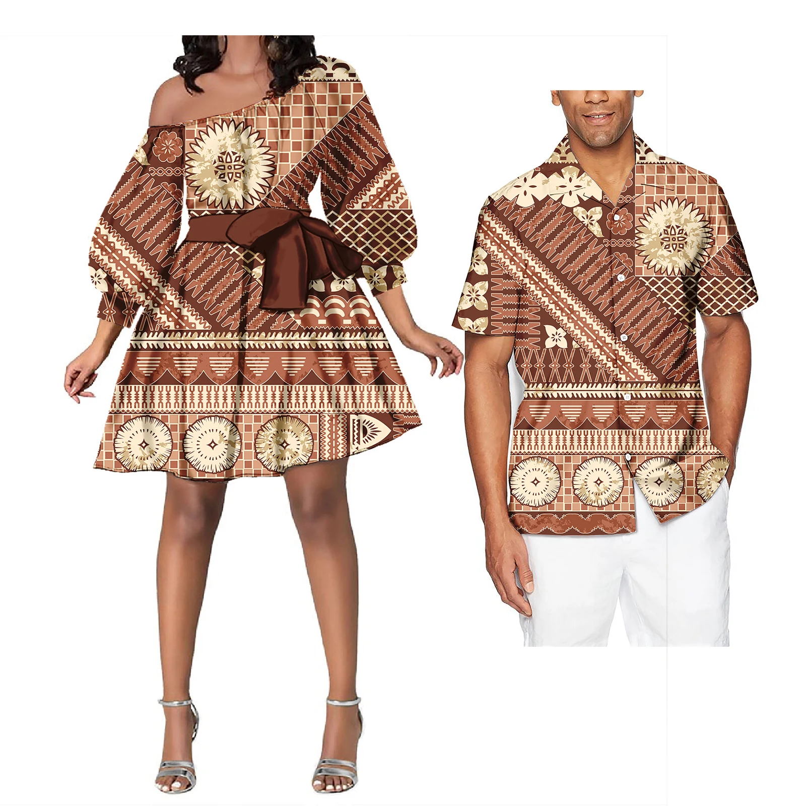 Dresses Women Off Shoulder Custom Polynesian Tongan Fijian Tribal Pacific Island Dress Designs Couples Matching Outfits 2024