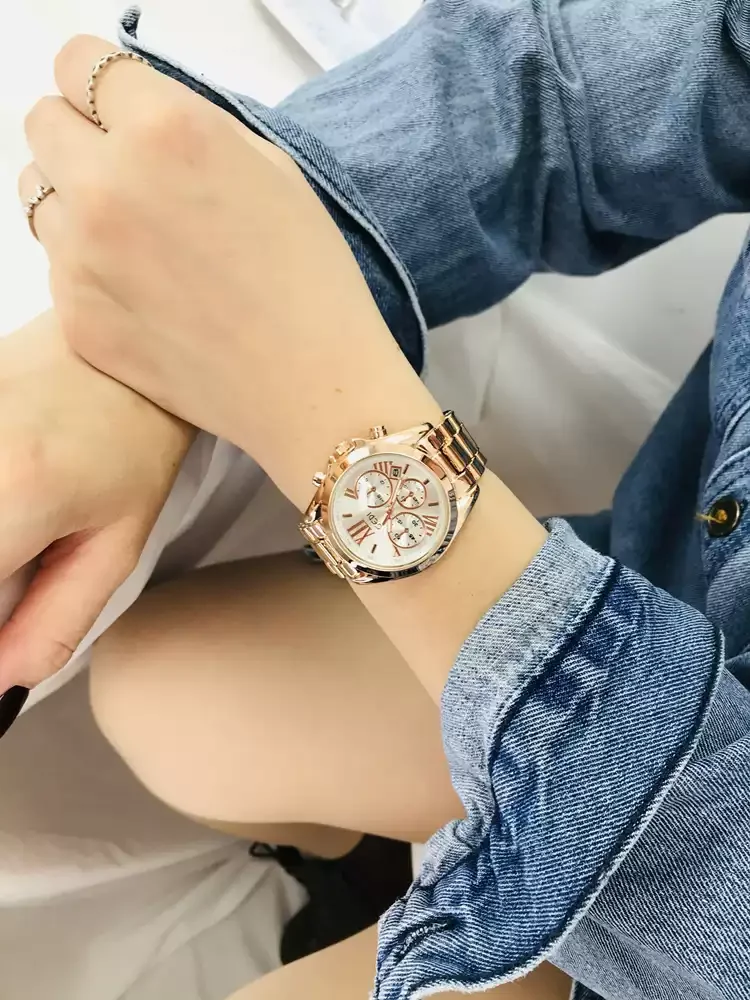 Rose Gold Chronograph Ladies Watch Roman Numeral Dial Date Stainless Steel Band Multifunctional Women Quartz Wrist Watch