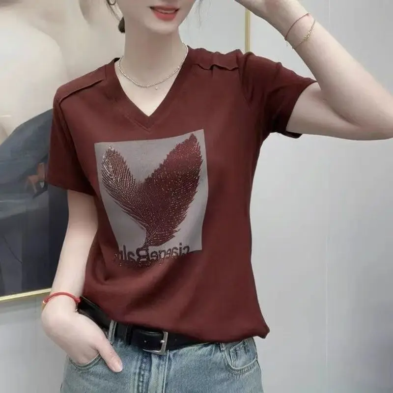 

Женская летняя простая офисная женская свободная футболка с тонким v-образным вырезом и коротким рукавом, женская мода, универсальные повседневные топы с бриллиантами