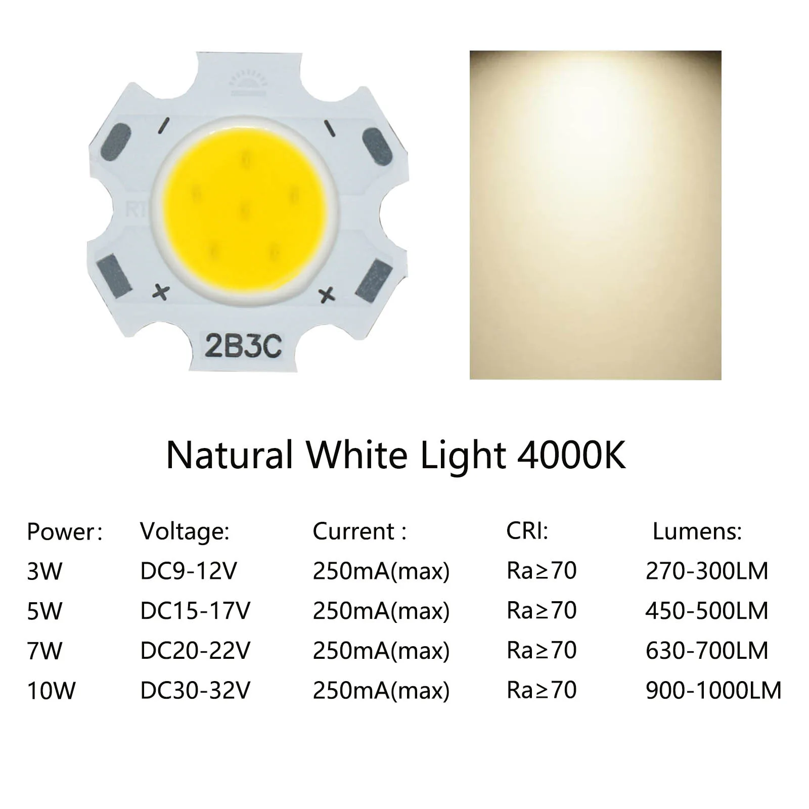 Imagem -04 - Grânulos de Luz Led Cob de Alto Brilho 3w 5w 7w 10w 250ma Ra70 20 mm Holofotes Downlights 10 Pcs