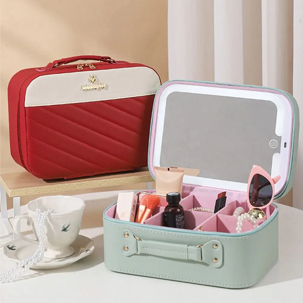 

Large Capacity Handheld Makeup Box Waterproof Leather Cosmetic Storage Bag with LED Mirror Bathing Cosmetic Bag