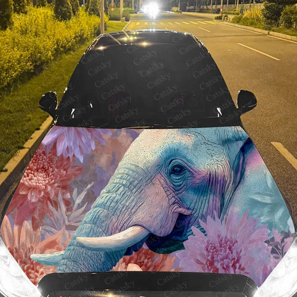 

Car Decal Vibrant Artistic Design with Elephant Amidst Floral Elements in Colorful Style Car Hood Sticker, Waterproof Self - Adh