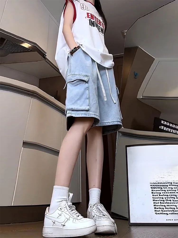 

Модные американские рабочие джинсовые шорты синего цвета для мужчин, летние, брендовые, с большими карманами, выше колена, на шнурке, длиной до колена