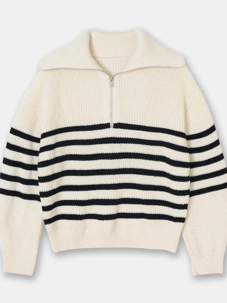 Women\'s Turtleneck Loose Lapel Striped Knitwear Women Pulovers New Simplicity Half Zipper Casual Fashion Women Sweaters 2024