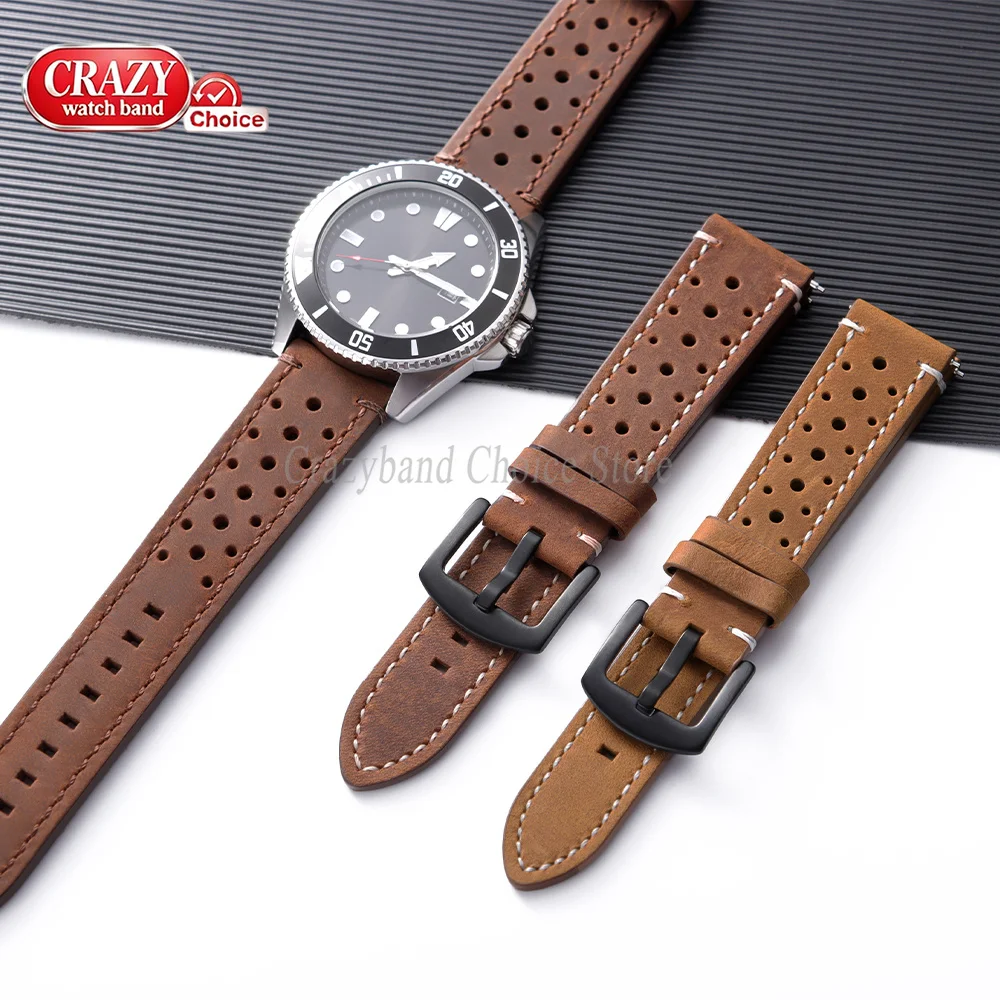 18mm19mm20mm21mm22mm24mm Schnellverschluss-Uhrenarmband aus porösem Leder, handgefertigte Rindsleder-Armbänder, Vintage Braun, universell für Damen und Herren. – Detail 6