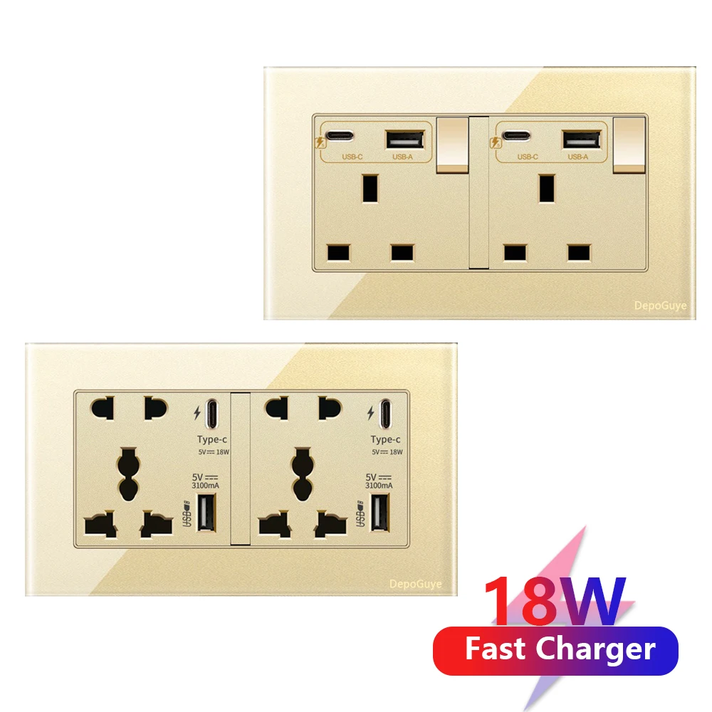 Gold Universal Tempered Glass Wall Socket,UK 13A power outlet with USB Type C 18W Quick Charge,Home Light Electric Switch Panel