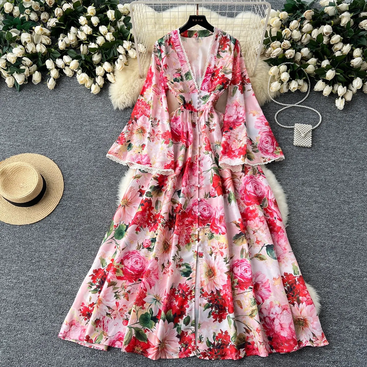 Vestido longo com estampa floral feminino, decote em V, renda, peito único, cintura alta, férias de verão, linho, lindo, 6277