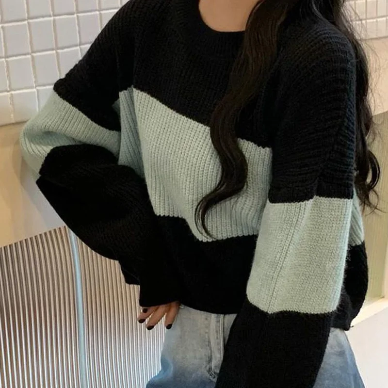 2022 Fashion Color Matching Horizontal Bar Sweaters Women New Autumn Winter Long Sleeve Loose High Waist Korean Knitting Top