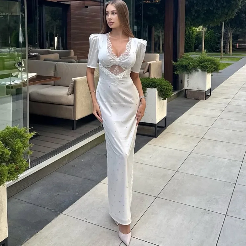 

Tuularose Fashion Lace Printed Dresses Women Elegant Lace Patchwork Sexy Hollow V-Neck Dresses Luxury Female Party Evening Dress