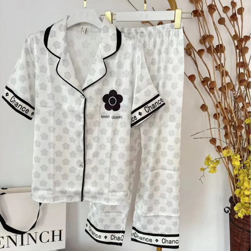 

Fashionable Summer New Comfortable Sleepwear For Women Ice Silk Printed Flowers High-grade Sweet Cute Two-piece Pyjamas Sets