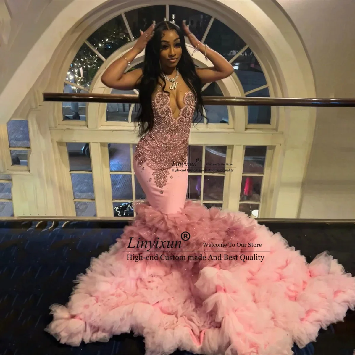 Luxury Sequins Mermaid Prom Dress Sexy Glitter Rhinestone Crystals Ruffle Wedding Party Gowns Customized Black Girls Robe De Bal