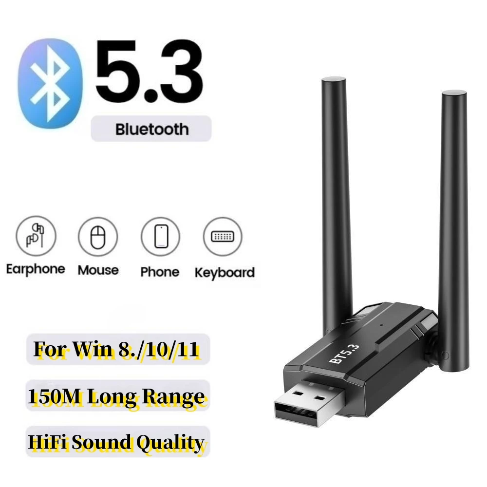 Bluetooth 150ワイヤレスオーディオレシーバー/ドングル,5.3 m, USB,PCスピーカーアダプター,ワイヤレスマウス,キーボード,音楽,トランスミッター