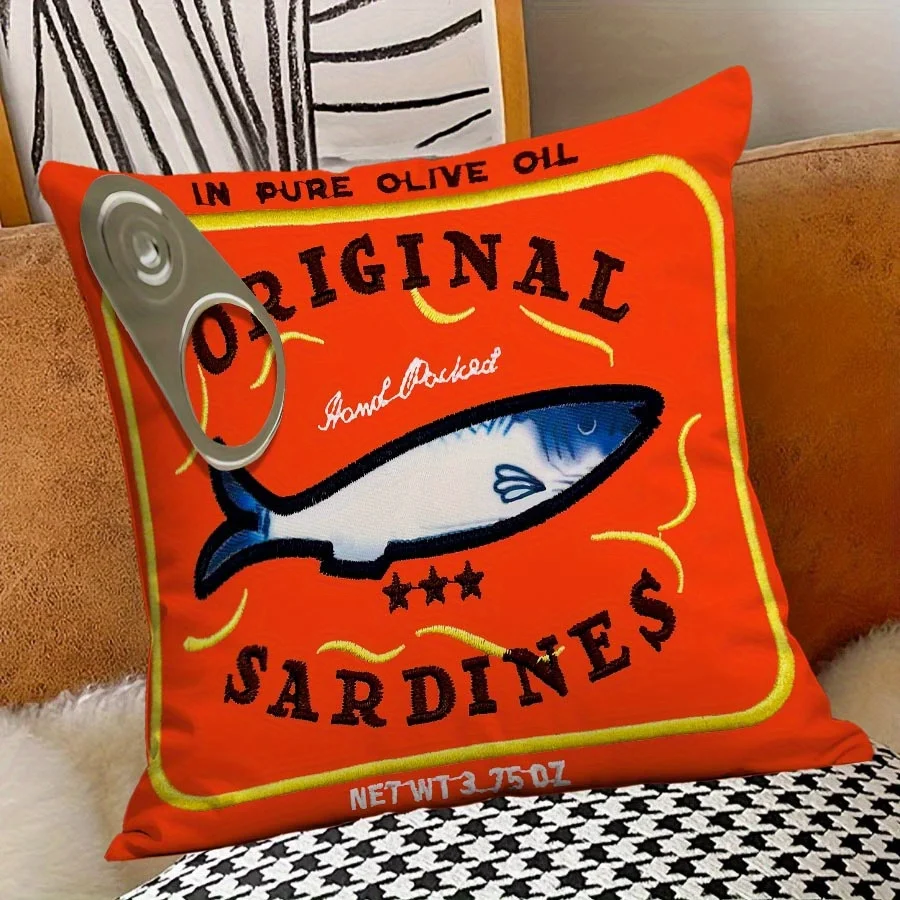 1pc Funky Sardine Tin Decorative Pillowcase, 2D Double Sided Print Polyester Cushion Cover, Industrial Retro Home Accent Pillow