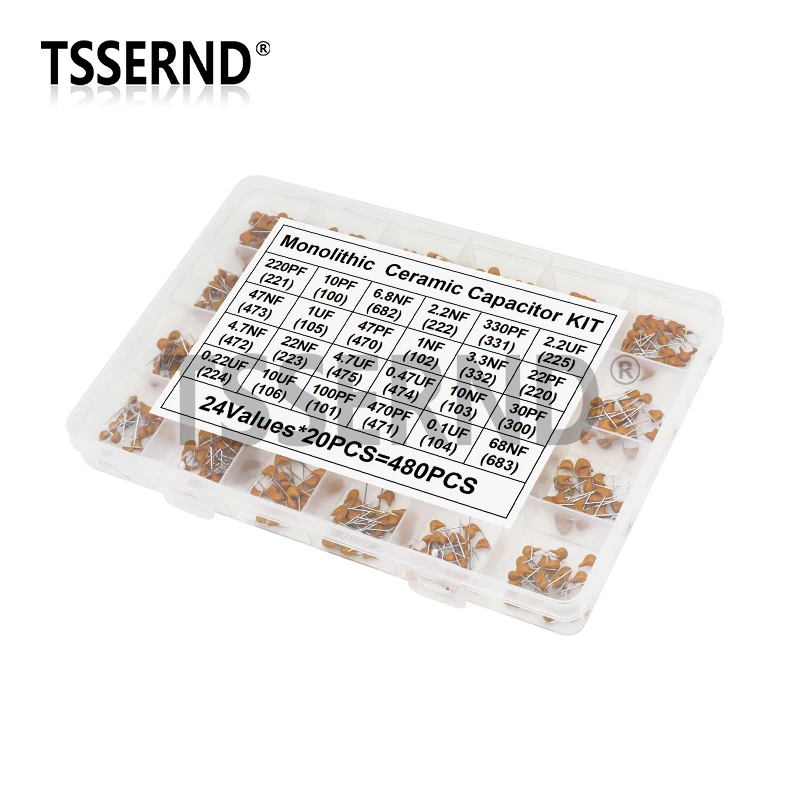 

480pcs Monolithic Ceramic Capacitor Assortment Kit 50V 10pF - 10uF Capacitance Set 0.1uF 0.22uF 0.47uF 2.2uF 4.7uF