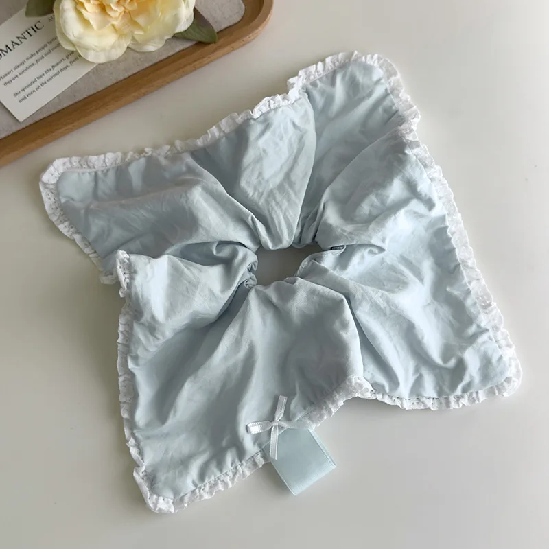 Scrunchie Solid Color Milky Blue Lace Trim Korean Elegant Ponytail Holder Women Casual Everyday Hair Accessories for Girls
