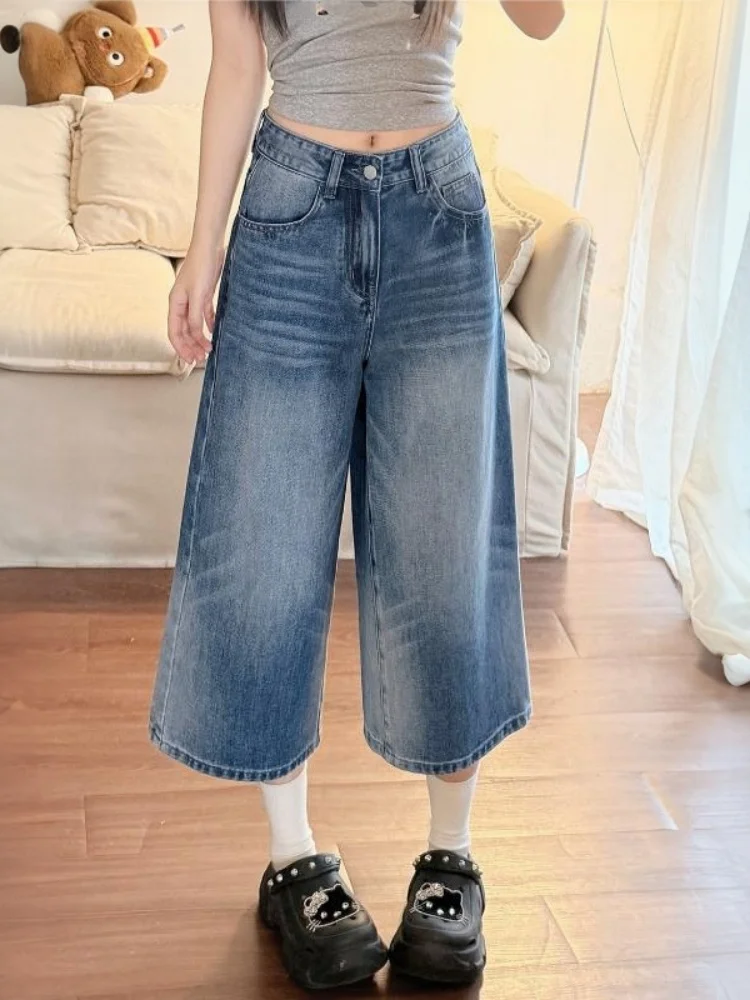 American Retro Seven-Foot Jeans Women's High Waist Slim Loose Short Straight Leg Casual Denim Pants Summer Wear for Ladies