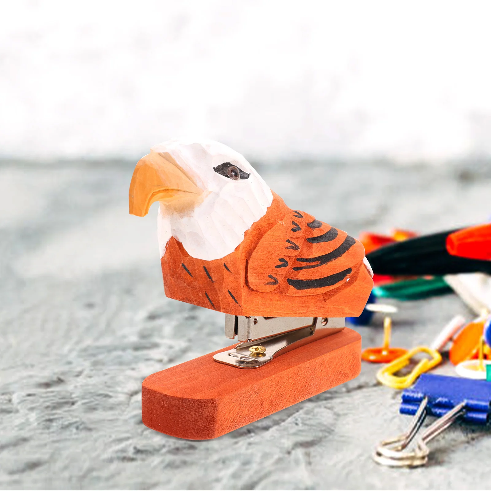 Sturdy Handmade Carved Wood Stapler Unique Desktop Organizer Decorative Stationery Gift for Students and Professionals