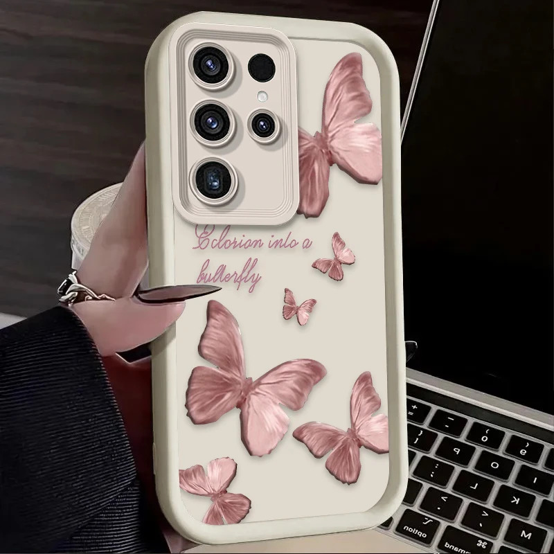 حافظة من السيليكون الناعم على شكل فراشة وردية لهاتف سامسونج جالاكسي S24 S25 S23 Ultra S22 S21 Plus FE A36 A56 A26 A16 A06 A15 A25 A35 A55 5G