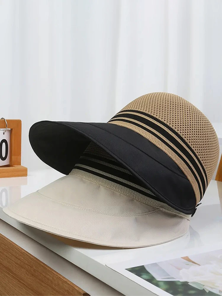 2025 New Fashion High Quality Women's Large Head Circumference Sun Protection Hat Extended Brim Mesh Top Casual Stripe Pattern