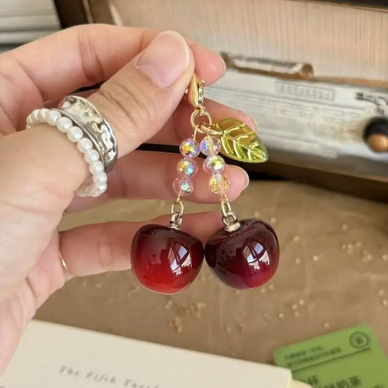 3D Glossy Cherry Keychain Red Sparkly Crystal Beads Gold Clasp Lovely Bag Decoration for Women Girls