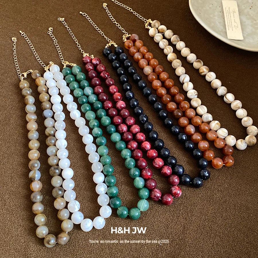 Vintage Gradient Dye Acrylic Beads Chain Necklace for Women Retro Smudging Resin Collarbone Choker Charms Party Jewelry Gifts