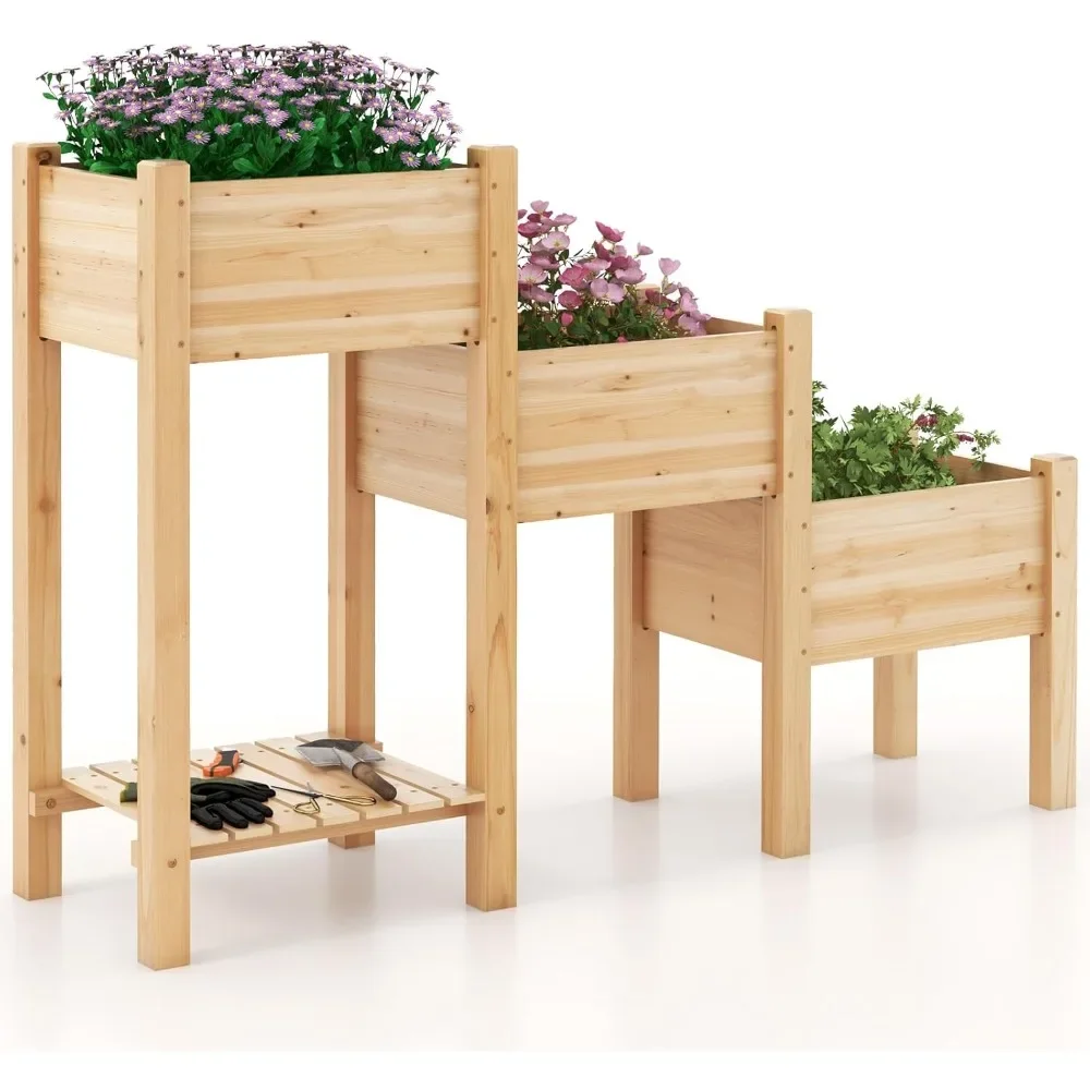 Plant Stand. Raised Garden Bed Set of3,Wood Planter Box with Storage Shelf, Elevated Raised Beds for Fruit Vegetable Flower Herb