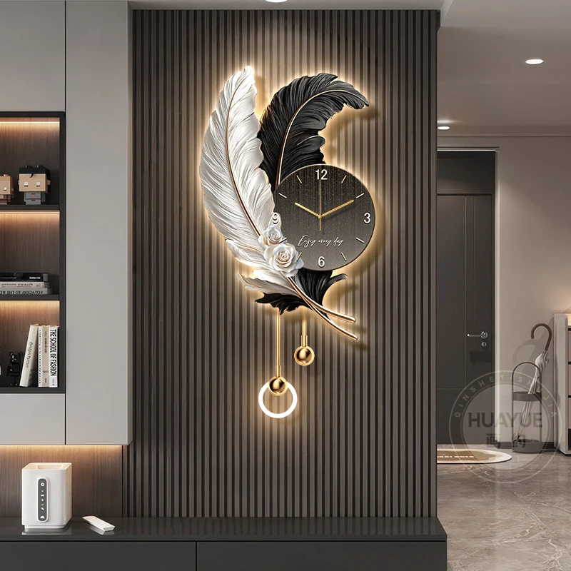 ​Feather Design Wall Clock With LED Lighting Luxury TV Background Art For Living Room Contemporary Wall Decor