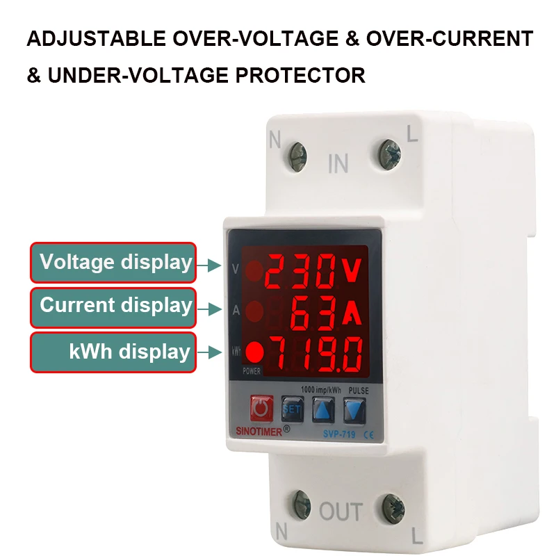 220 فولت 63A 40A ضبط الجهد التتابع أكثر من تحت جهاز لحماية الجهد على الحد الحالي Wattmeter كيلو واط ساعة مقياس الطاقة استهلاك الطاقة