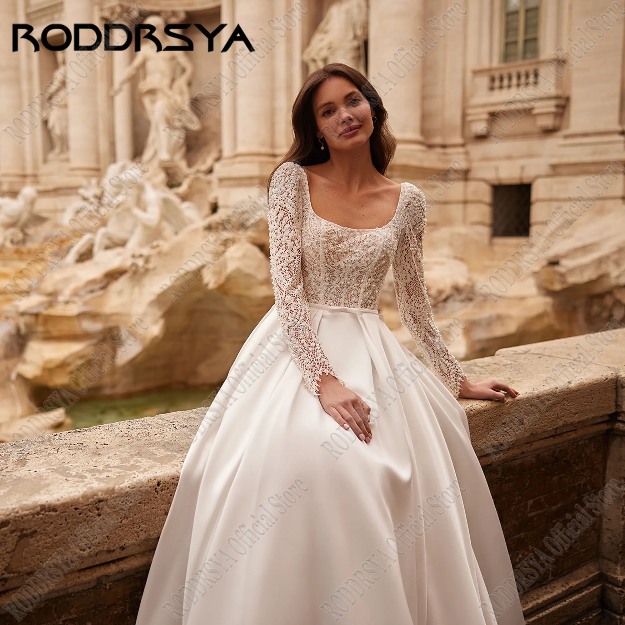 فستان زفاف طويل أنيق مخصص RODDRSYA قميص زفاف من الساتان بياقة مربعة الشكل فستان زفاف نسائي Vestidos De Noviasالعرف الأنيق طويل فستان الزفاف 2025 نمط الخط اجتاحت القطار الرقبة مربع فستان العروس