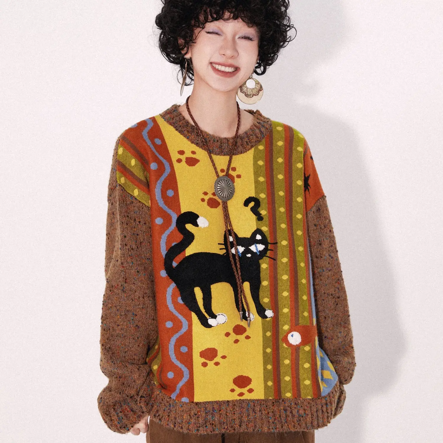 

Вязаный свитер с изображением кота в американском стиле ретро, желтый полосатый пуловер большого размера, милый дизайн с принтом вопросительного знака и лапы, милый топ в ленивом стиле