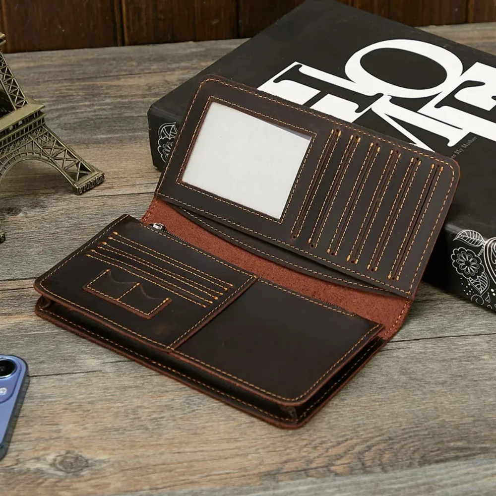 

Мужской длинный кошелек из натуральной кожи Crazy Horse, ретро-кошелек ручной работы, вместительный клатч с множеством отделений для карт для мужчин