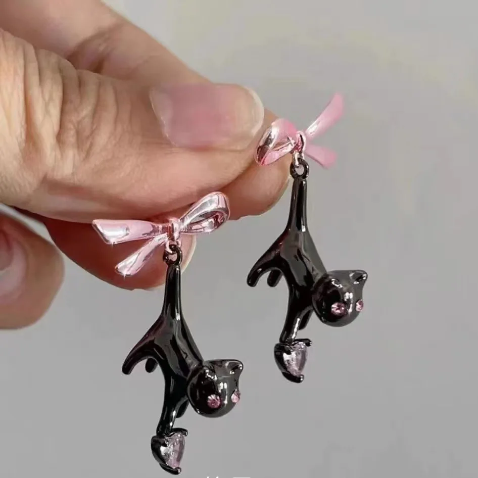 New Cute Kitten Necklace For Women Fashion Ins Personality Sweet Black Cat Pink Bow Earrings Party Jewelry Gift