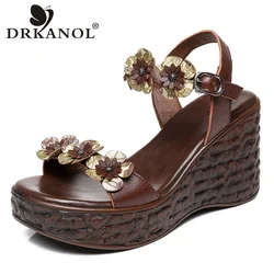 DRKANOL Women Wedges Sandals Open Toe Genuine Leather Ankle Strap Platform Height Increasing Sandals Women summer Shoes H9886L