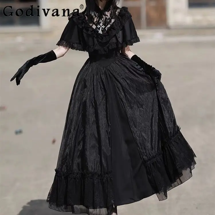 

Japanese Original Lolita Retro Elegant Princess Dress Dark Loli Court Style Stand-up Collar Short-sleeved Lace Dresses