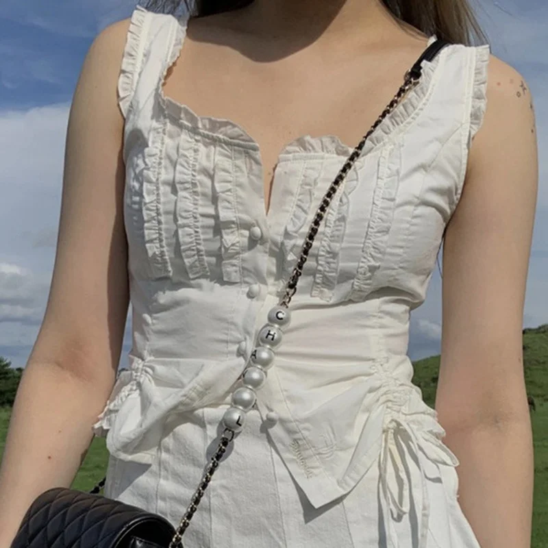 Pure White Sleeveless 2023 New Summer Vest-style Lace-up Round Neck Lace Drawstring Y2k Top with A T-shirt Inside and A Bottom