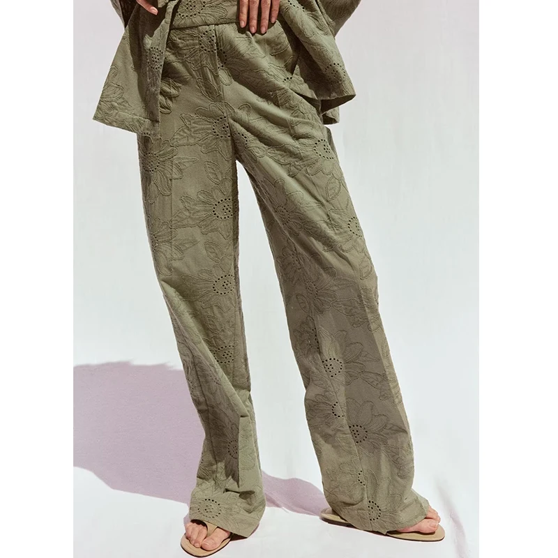 

New 2025 Women Fashion Hollow Out Embroidery Pants Vintage High Waist Casual Straight Trousers Female pantalones