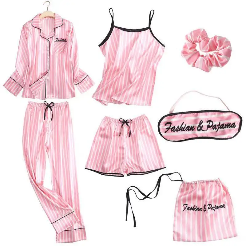 Spring Summer Female 7PCS Pajamas Set Wedding Bride Sleepwear Pijamas Suit Sexy Loose Casual Satin Home Clothes Lounge Wear