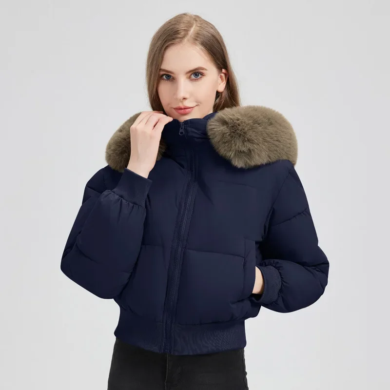 2026 Thicken Short Women's Winter Jacket Korean Style Down Cotton Coat Casual Warm Fur Hooded Cropped Parkas Chic Streetwear