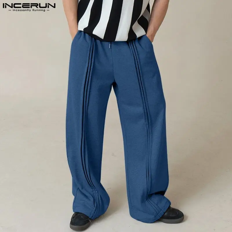 INCERUN 2024 Korean Style Pantalons Men's Casual Streetwear Trousers Fashion Male Solid Color Well Fitting Pleated Pants S-5XL