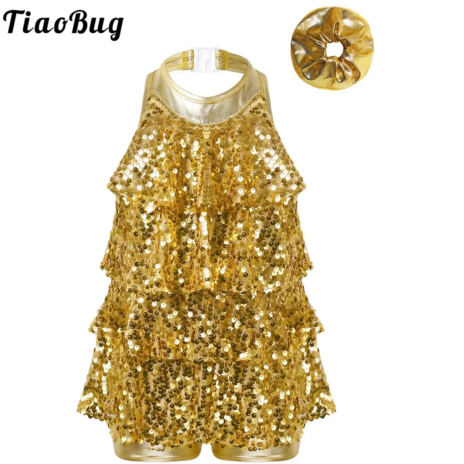 

Girls Tassel Sequins Latin Dress Halter Ballet Dance Shorty Unitard Dress Kids Tango Rumba Samba Moden Jazz Salsa Dance Costumes